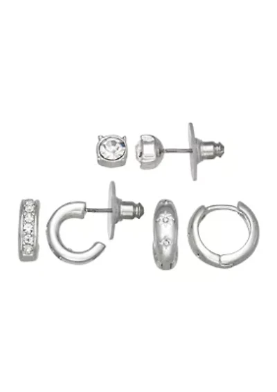Silver Tone Crystal Trio Earrings Set