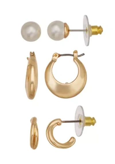 Gold Tone White Pearl Stud Huggie Trio Earrings Set