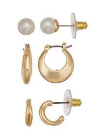 Gold Tone White Pearl Stud Huggie Trio Earrings Set