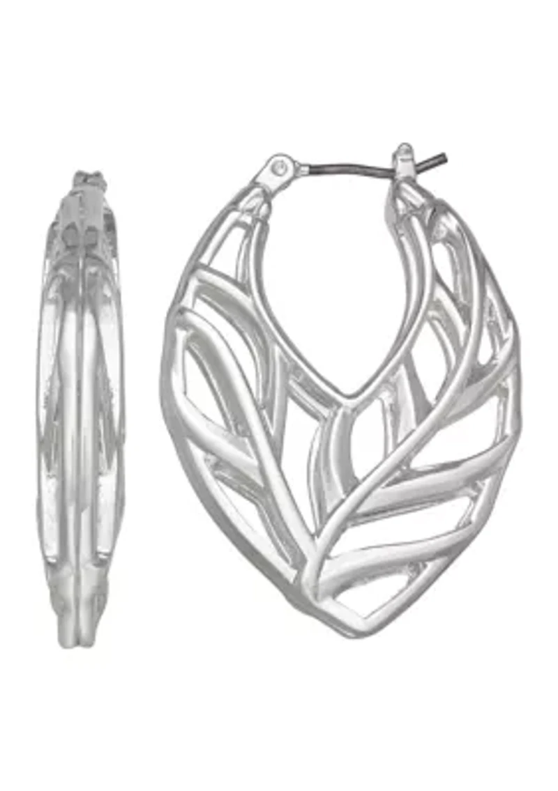 Silver Tone 44 Millimeter Leaves Oval Hoop Earrings