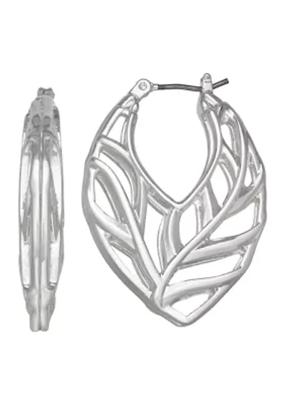 Silver Tone 44 Millimeter Leaves Oval Hoop Earrings