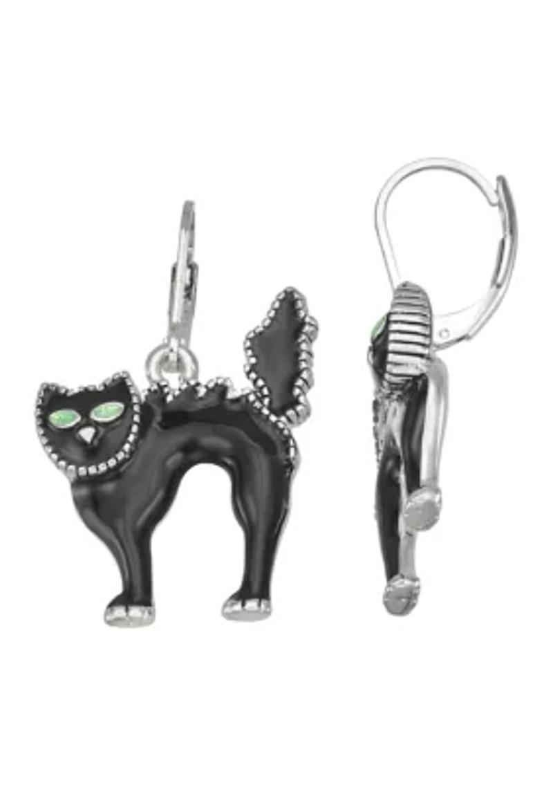 Silver-Tone Jet Black Cat Drop Earrings