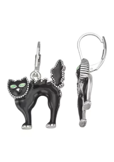 Silver-Tone Jet Black Cat Drop Earrings
