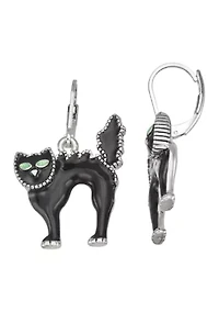 Silver-Tone Jet Black Cat Drop Earrings