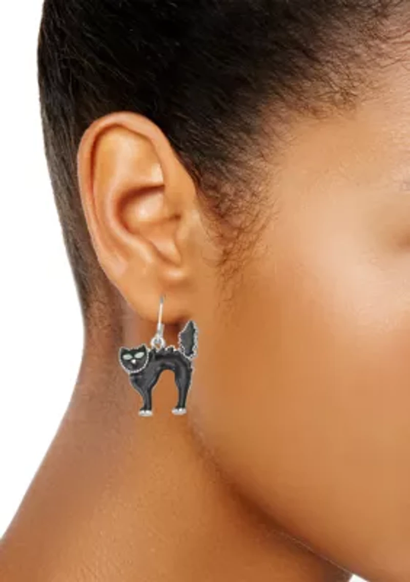 Silver-Tone Jet Black Cat Drop Earrings