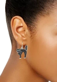 Silver-Tone Jet Black Cat Drop Earrings