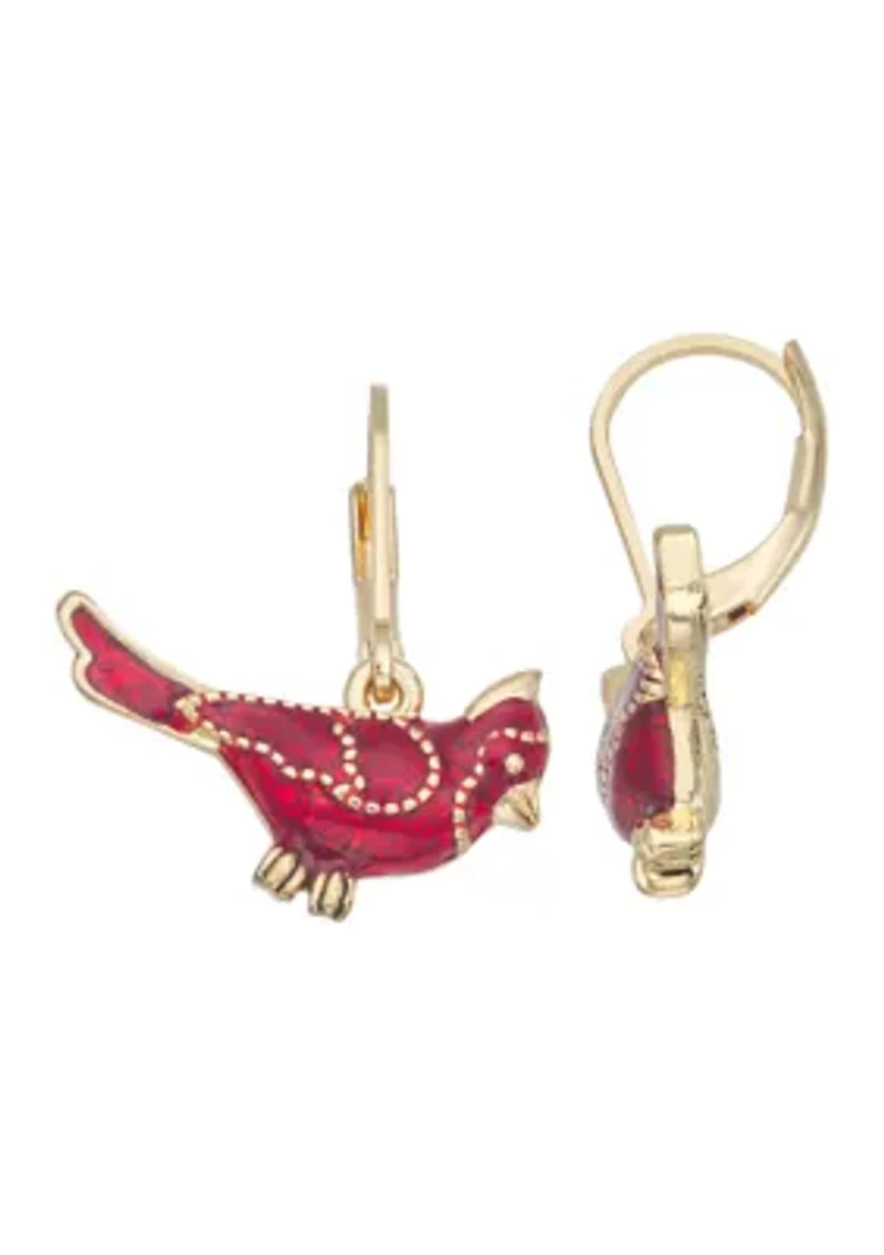 Gold Tone Red Cardinal Earrings