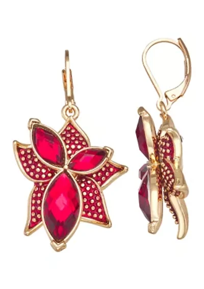 Gold Tone Red Poinsettia Leverback Drop Earrings