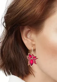 Gold Tone Red Poinsettia Leverback Drop Earrings
