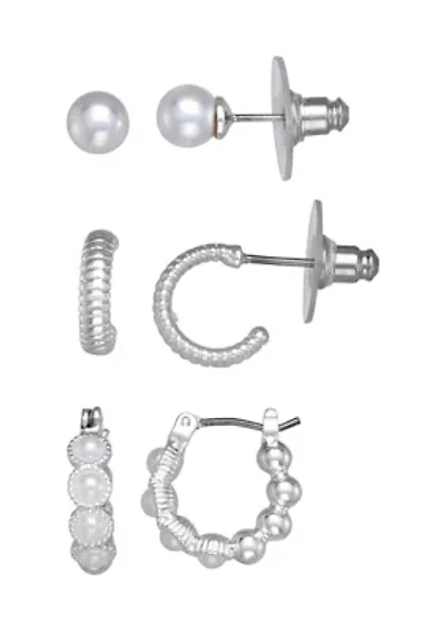 Silver Tone Stud Hoop Trio Earrings