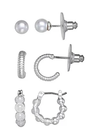 Silver Tone Stud Hoop Trio Earrings