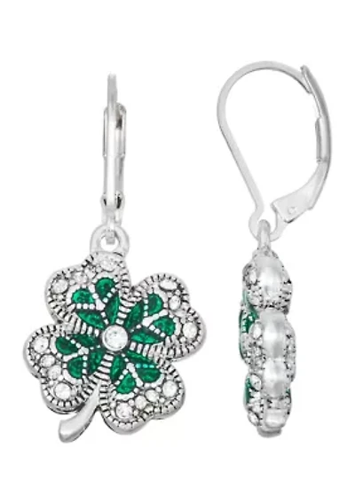 Green Lucky Shamrock Silver Tone Drop Earrings