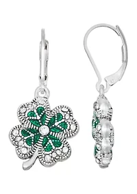 Green Lucky Shamrock Silver Tone Drop Earrings