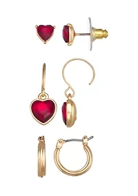 Gold Tone Red Love Heart Trio Earrings