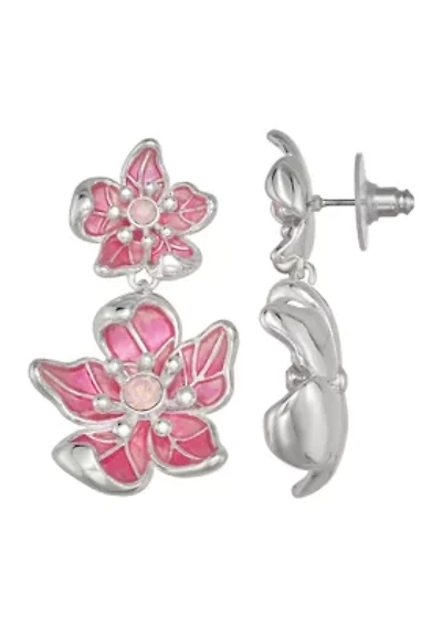Silver Tone Pink Flower Key Drop Earrings