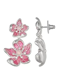 Silver Tone Pink Flower Key Drop Earrings