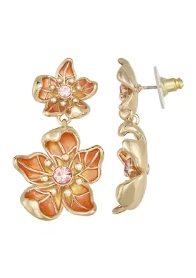Silver Tone Pink Flower Key Drop Earrings