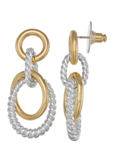 Double Ring Link Two-Tone Chandelier Earrings 
