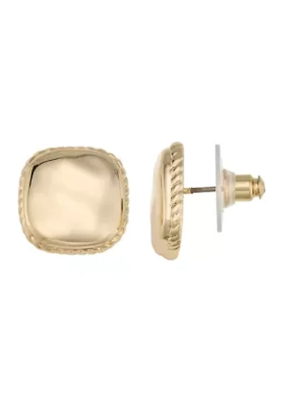Square Gold Tone Button Earrings 