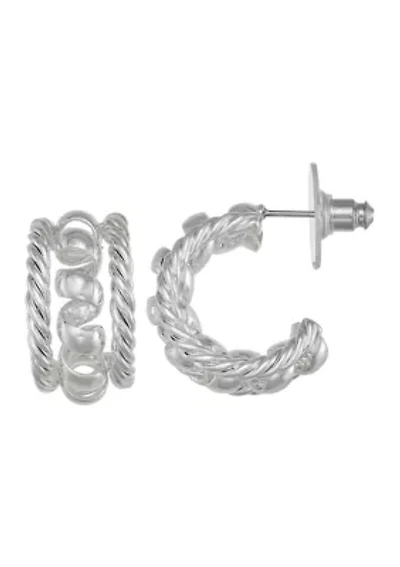 Spring Center Silver Tone Hoop Earrings 