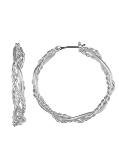 Braided Rope Silver Tone Hoop Earrings 