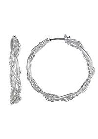 Braided Rope Silver Tone Hoop Earrings 