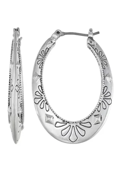 Flower Engraved Silver Tone Hoop Earrings 