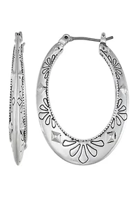 Flower Engraved Silver Tone Hoop Earrings 