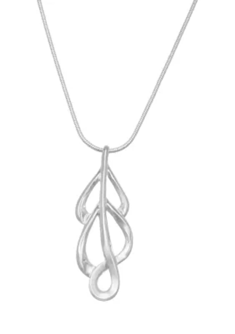 Silver Tone Leaves Long Pendant Necklace