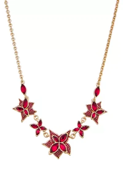 Red Poinsettia Gold Tone Frontal Necklace