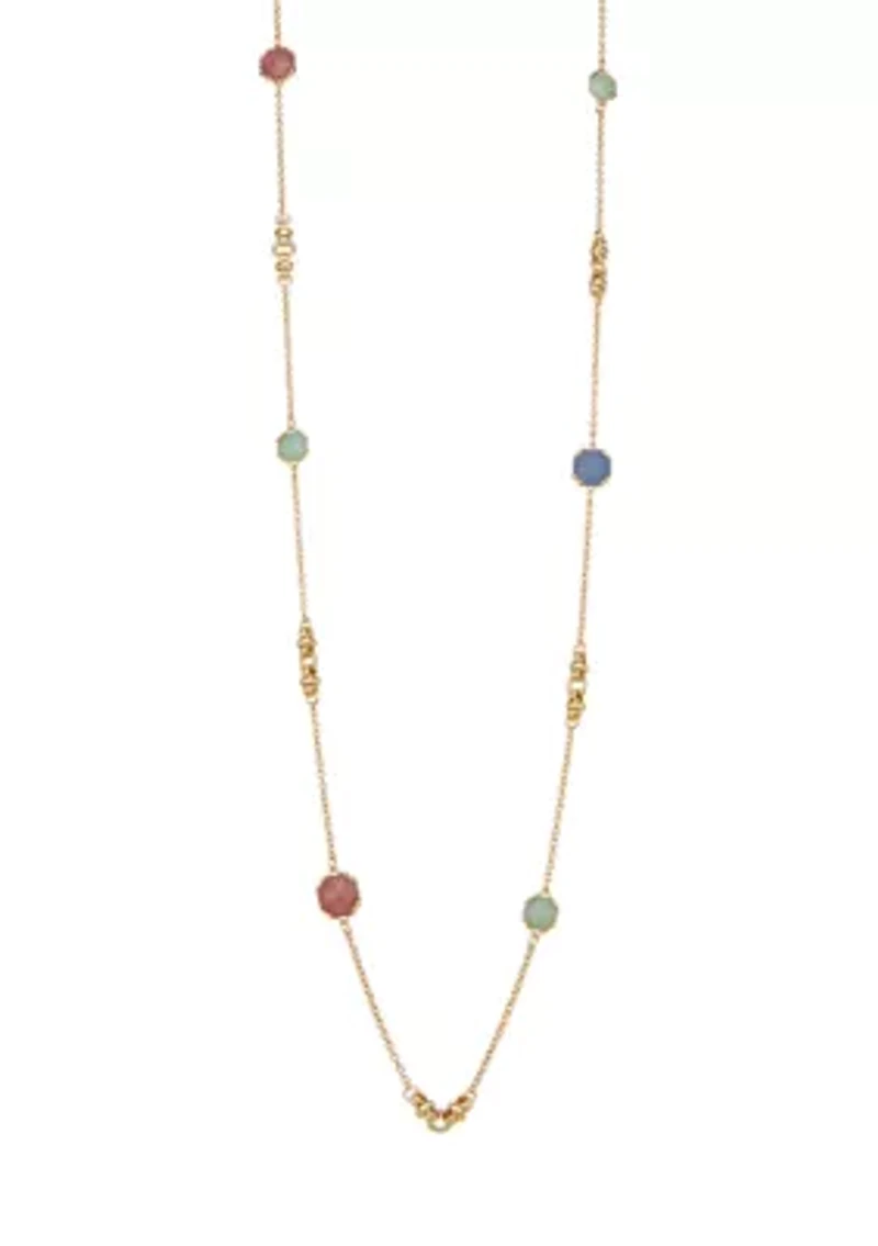 Gold Tone Multi Stone Long Strand Necklace