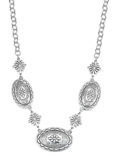 Engraved Silver Tone Flower Disc Frontal Necklace