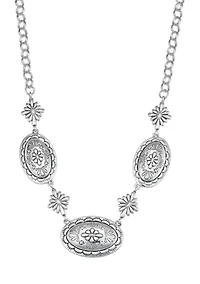 Engraved Silver Tone Flower Disc Frontal Necklace