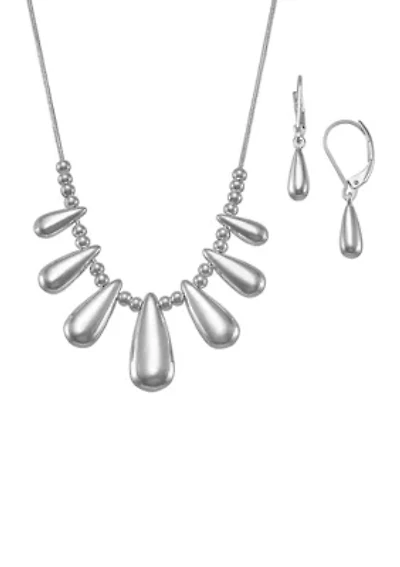 Silver Tone Frontal Drop Necklace and Earrings Set