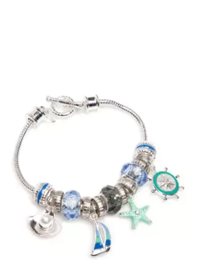 Silver Tone Sea Life Charm Boxed Bracelet