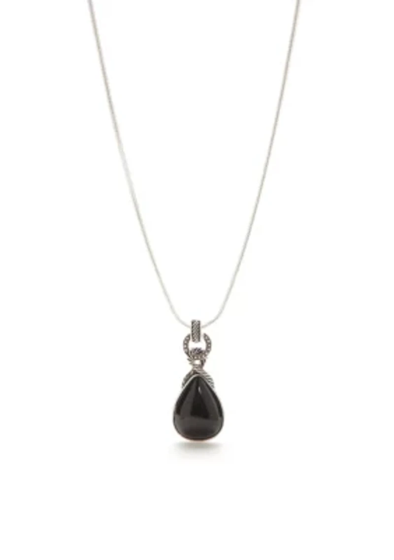 Silver Tone Black Teardrop Pendant Necklace