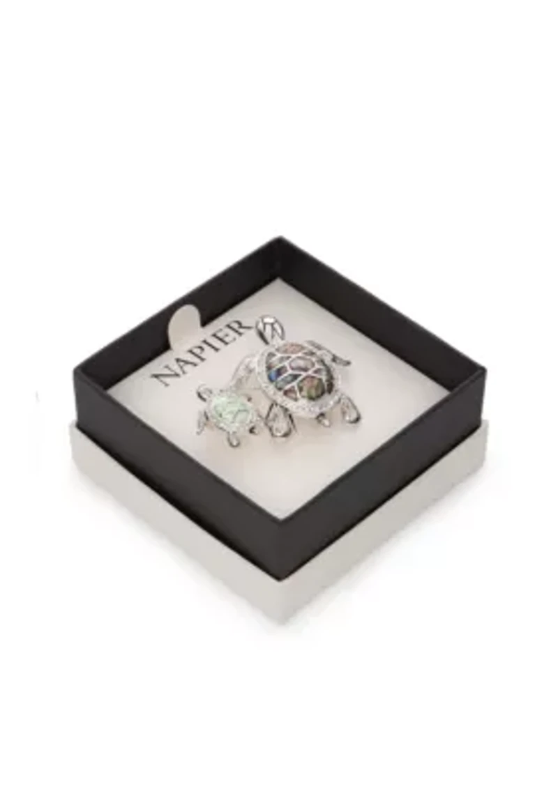 Silver-Tone Mother Turtle and Baby Boxed Pin