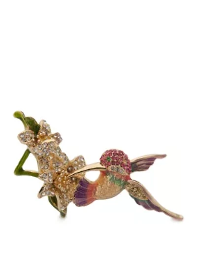 Gold-Tone Box In The Jungle Hummingbird Flower Pin
