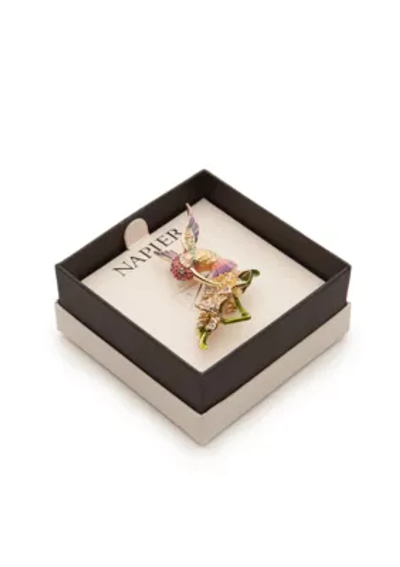 Gold-Tone Box In The Jungle Hummingbird Flower Pin