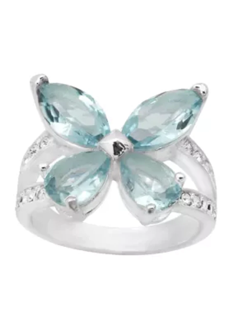 Silver CZ Light Blue and Pavé Butterfly Ring
