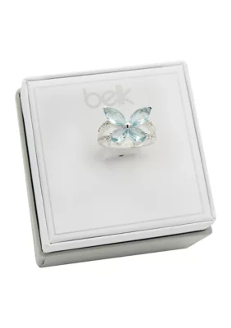 Silver CZ Light Blue and Pavé Butterfly Ring