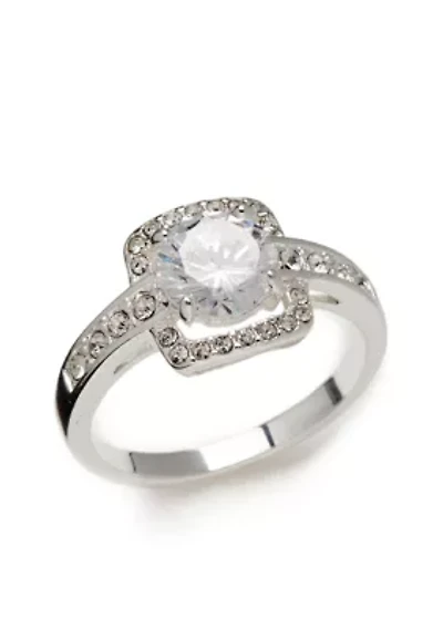 Silver-Tone Cubic Zirconia Crystal Pave Stone Ring