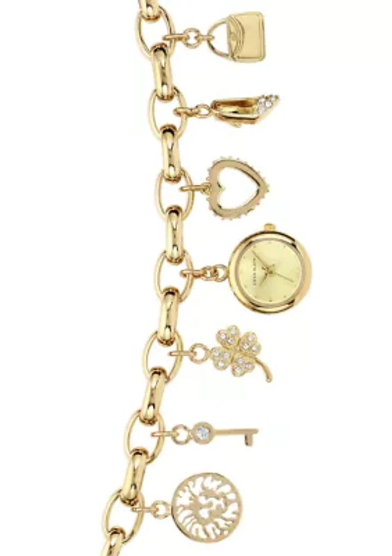 Quartz Crystal Accented Gold-Tone Metal Alloy Charm Bracelet Watch