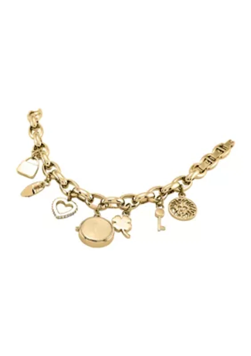 Quartz Crystal Accented Gold-Tone Metal Alloy Charm Bracelet Watch