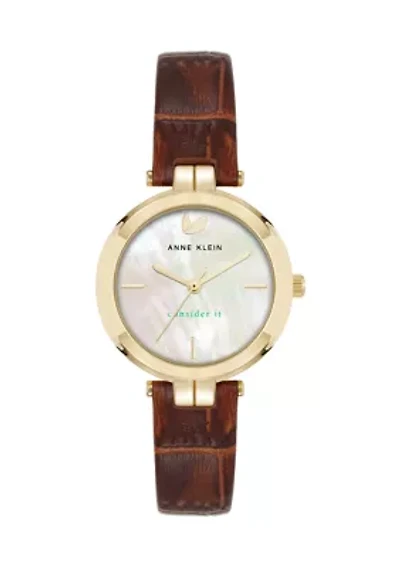 Women's Quartz Round Gold Tone Faux Leather Watch