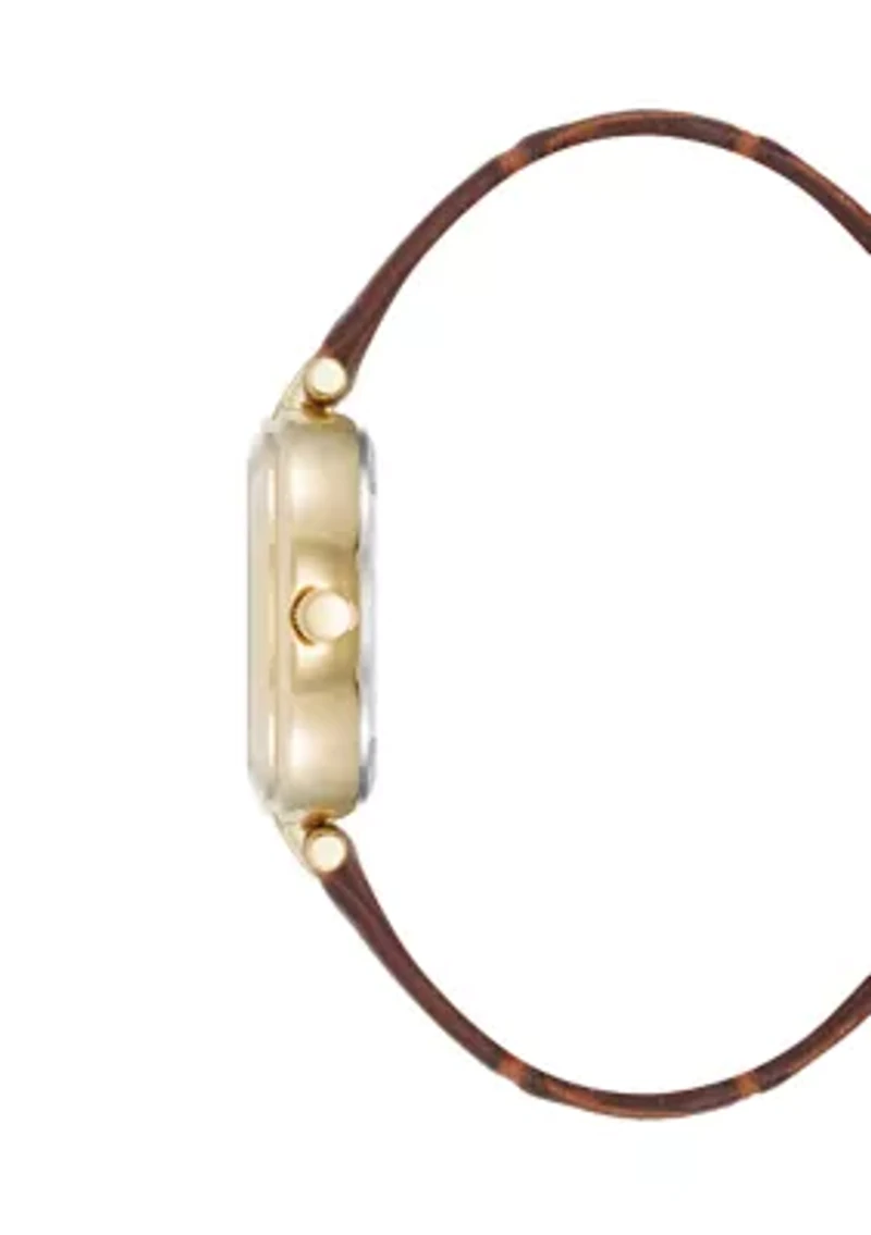 Women's Quartz Round Gold Tone Faux Leather Watch