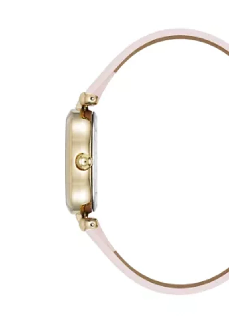 Quartz Round Gold Tone Faux Leather Watch