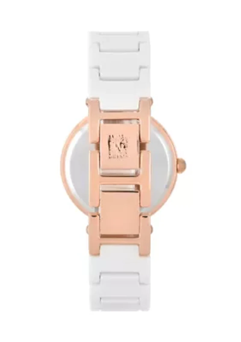 Quartz Round White Ceramic Link with Rose Gold Tone Metal Alloy Watch
