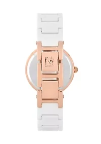 Quartz Round White Ceramic Link with Rose Gold Tone Metal Alloy Watch