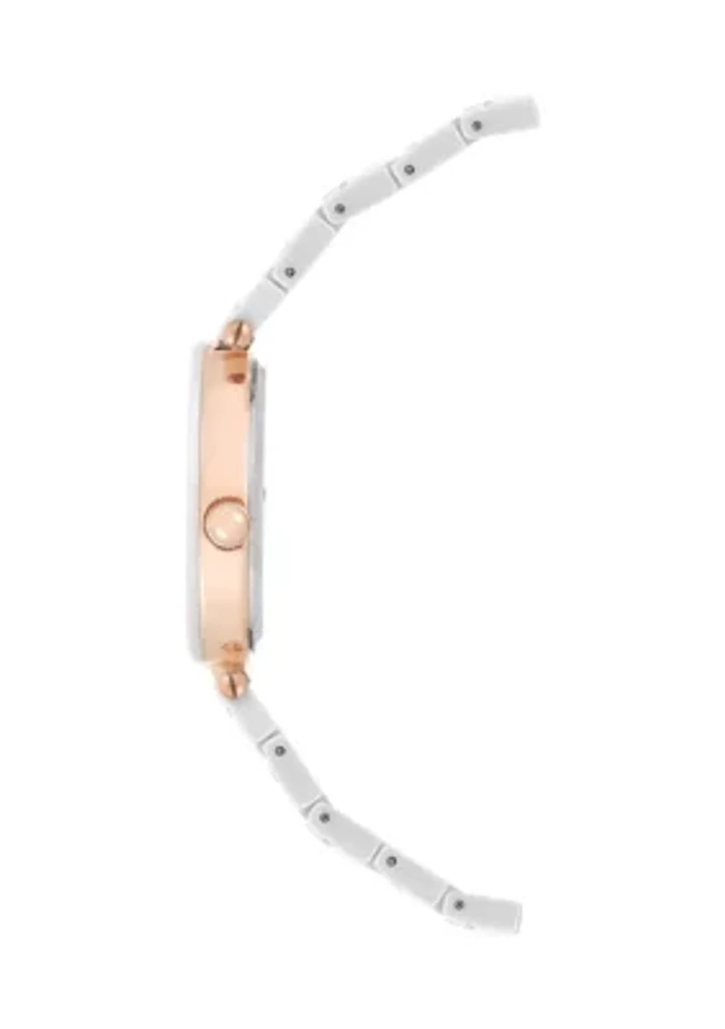 Quartz Round White Ceramic Link with Rose Gold Tone Metal Alloy Watch